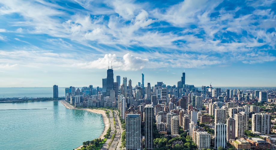 View of Chicago with skyscrapers and water