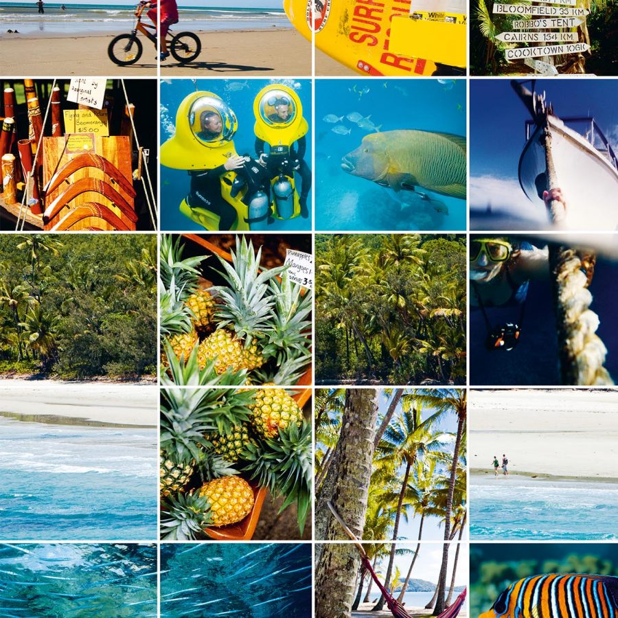 Biking kid, boomerange, pineapples, seashore, angelfish: Argusphoto. Signs, hammock, needlenose fish