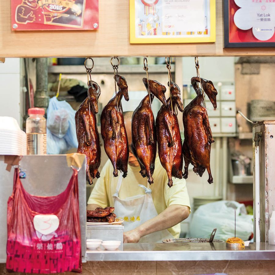 Ducks hanging in a shop window in Hong Kong