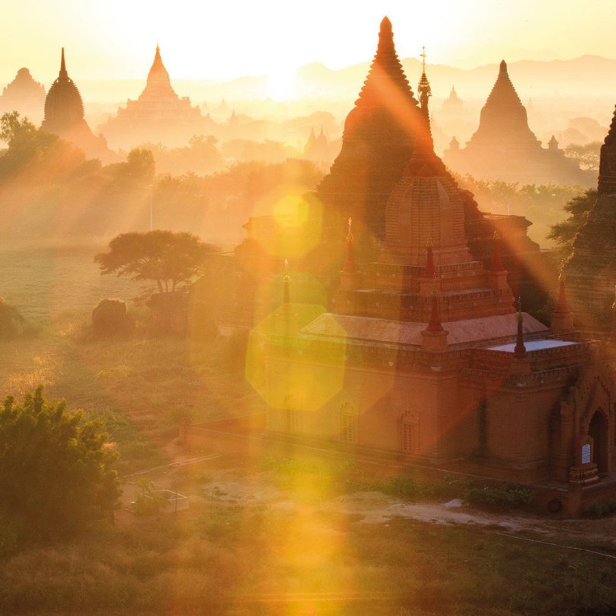 Temples at sunrise with a golden glow