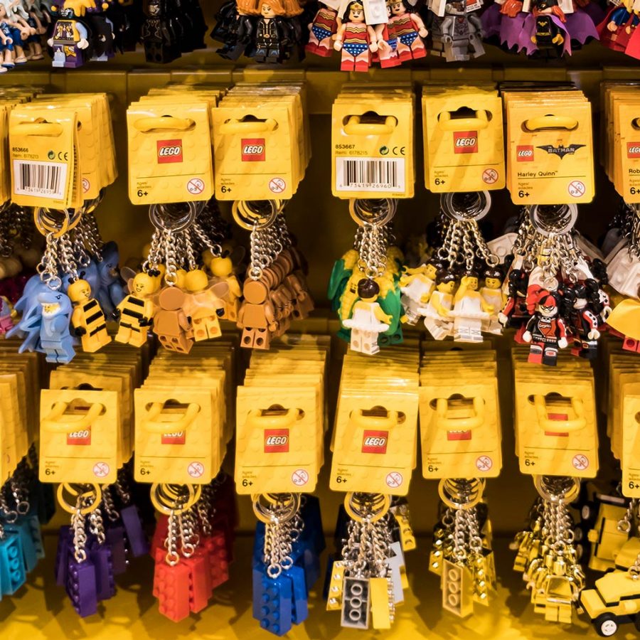 Lego keychains display at the Lego store, one of the best things to do 