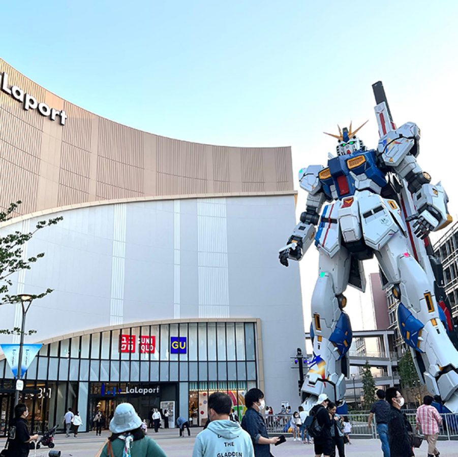 A life-size statue of Freedom Gundam outside the entrance to LaLaport Fukuoka, Japan