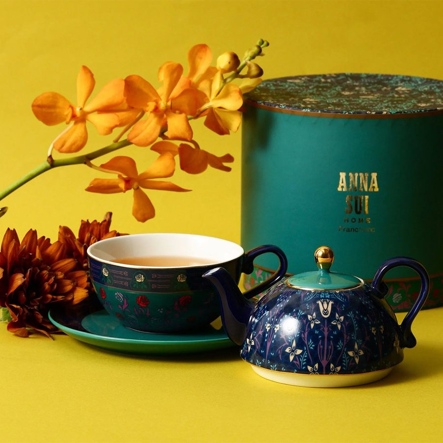 Tea in Francfranc hand-painted Anna Sui tea set with floral design complete with Anna Sui box, tea pot, tea cup and saucer