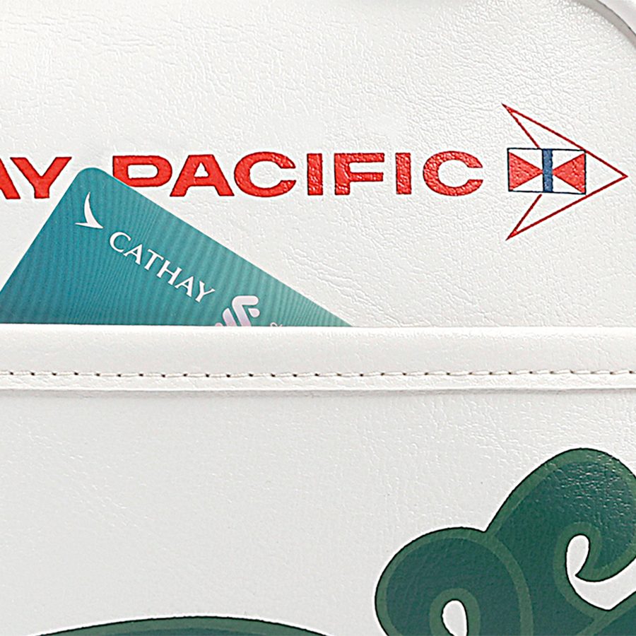 Close up of Cathay Pacific's classic luggage tag travel accessory