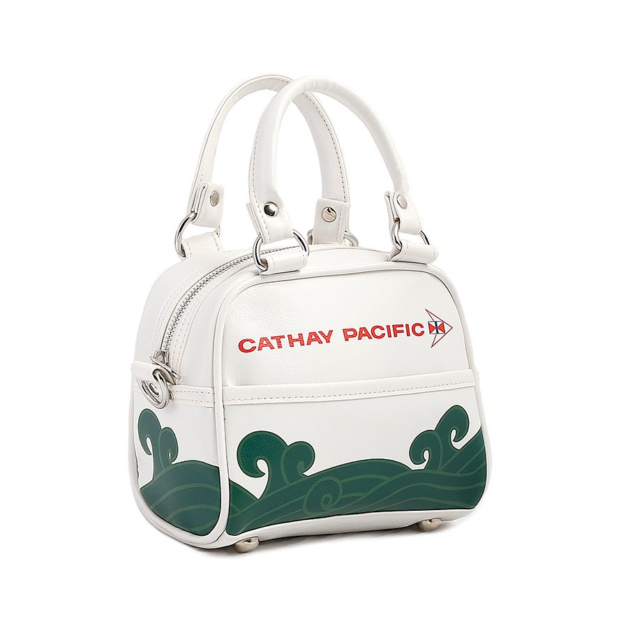  Cathay Classic bowling bag mini in cream white with signature Tung Hoi design, dark green waves print