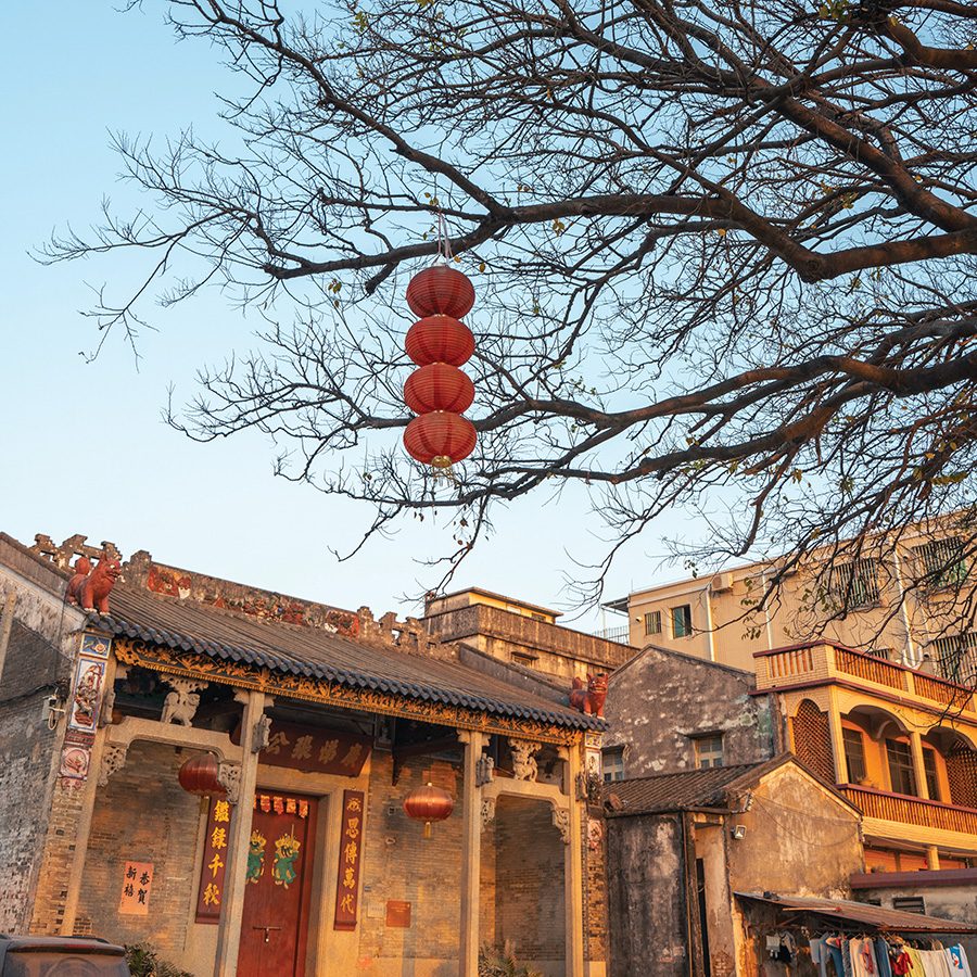 Four lanterns hanging from a tree outside an old bulding