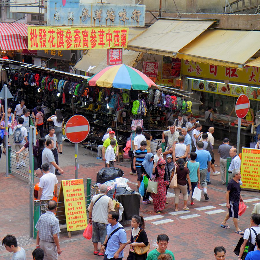 Bustling market stalls at Pei Ho Street, Hong Kong.