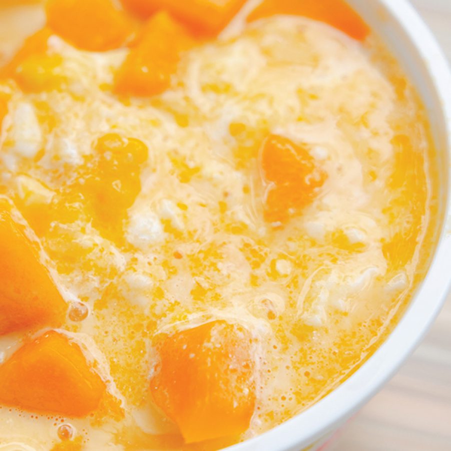 A close-up of a Hong Kong mango dessert served at Nam Shan Vanilla Shaved ice served in Shek Kip Mei, Hong Kong