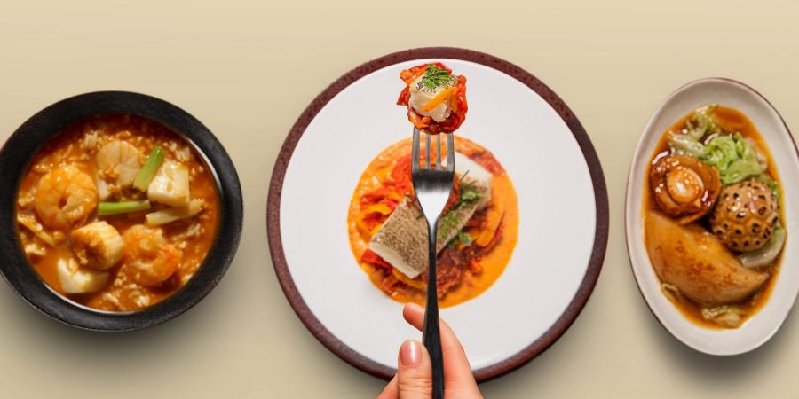 A spread of three signature dishes from Cathay Signatures. In the centre foreground, a hand holds a fork with food.    Starting from the left, it's wok-fried seafood in lobster broth, steamed halibut with chorizo sauce and braised abalone, shiitake mushroom and pomelo pith with shrimp roe.   