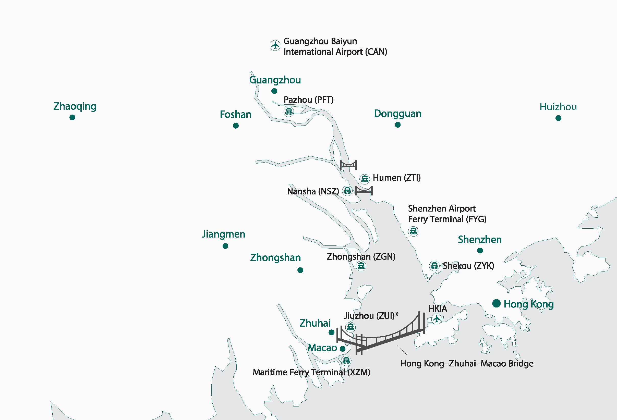  A map of the major destinations in the GBA. There are icons for ferry ports that offer high-speed ferry transfers via Hong Kong International Airport. 