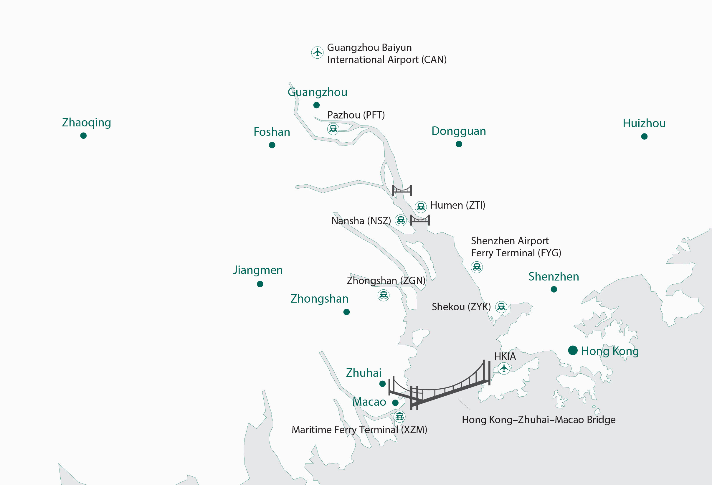  A map of the major destinations in the GBA. There are icons for ferry ports that offer high-speed ferry transfers via Hong Kong International Airport. 