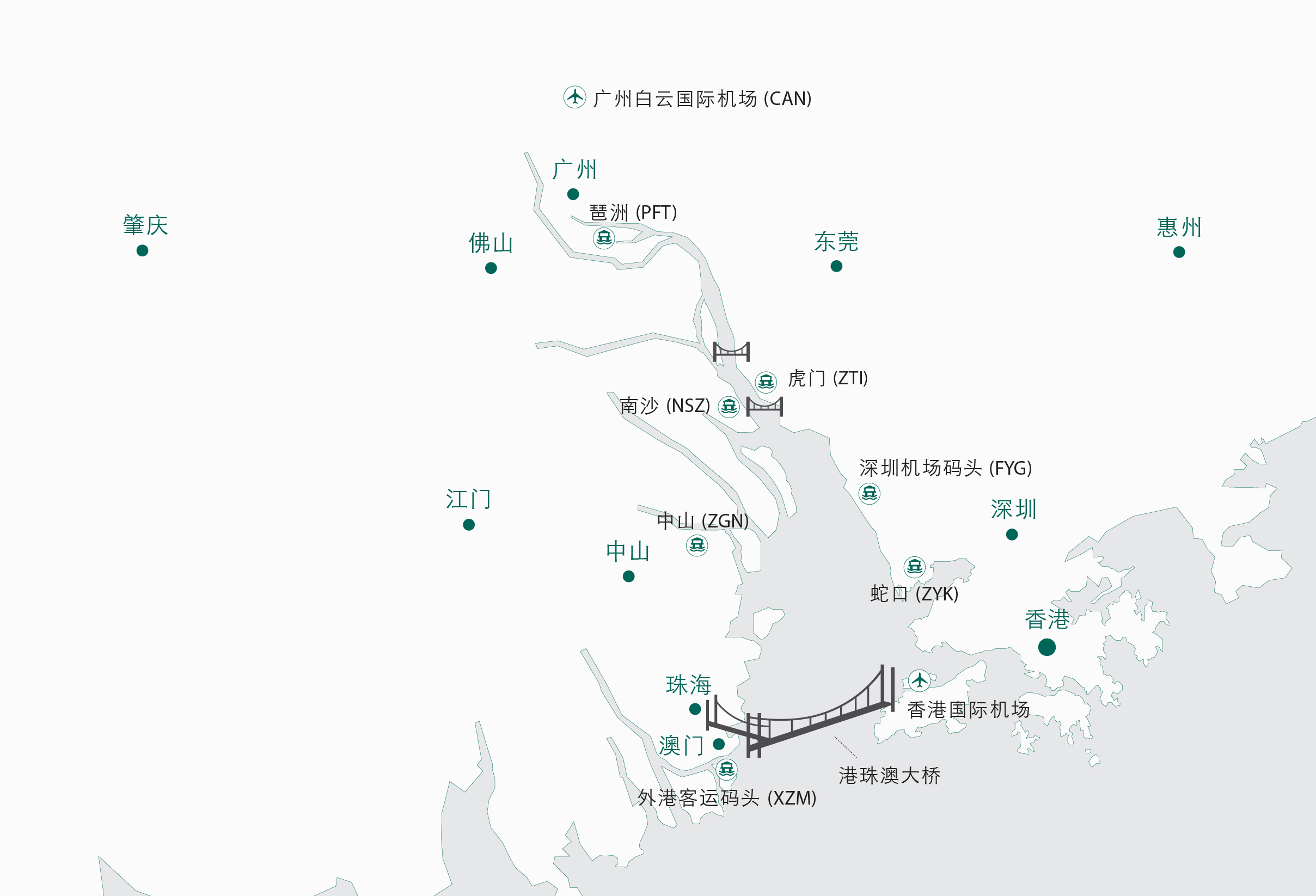 大湾区主要城市及渡轮口岸地图