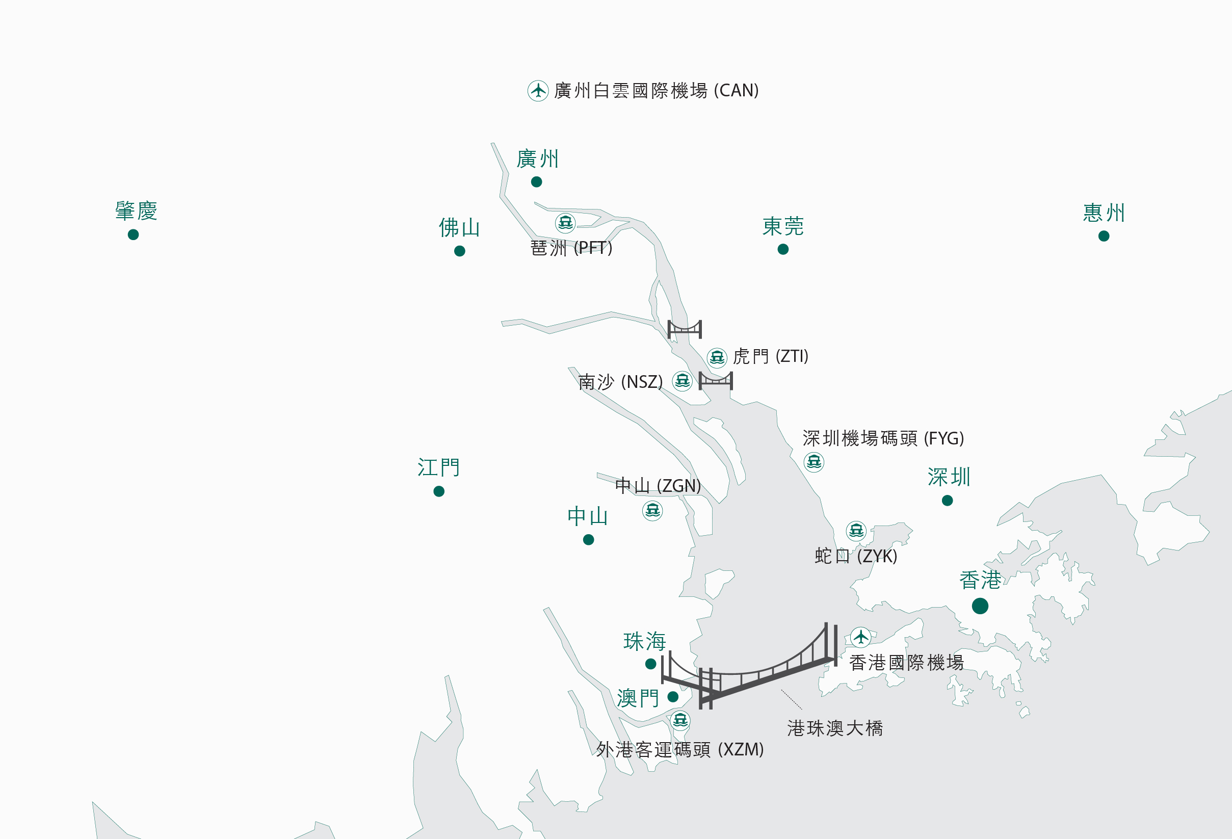 大灣區主要城市及渡輪口岸地圖